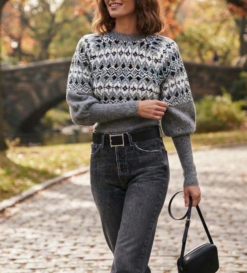 Revolve L'Academie Sz S Niara Gray Bishop Sleeve Wool Blend Fair Isle Sweater
